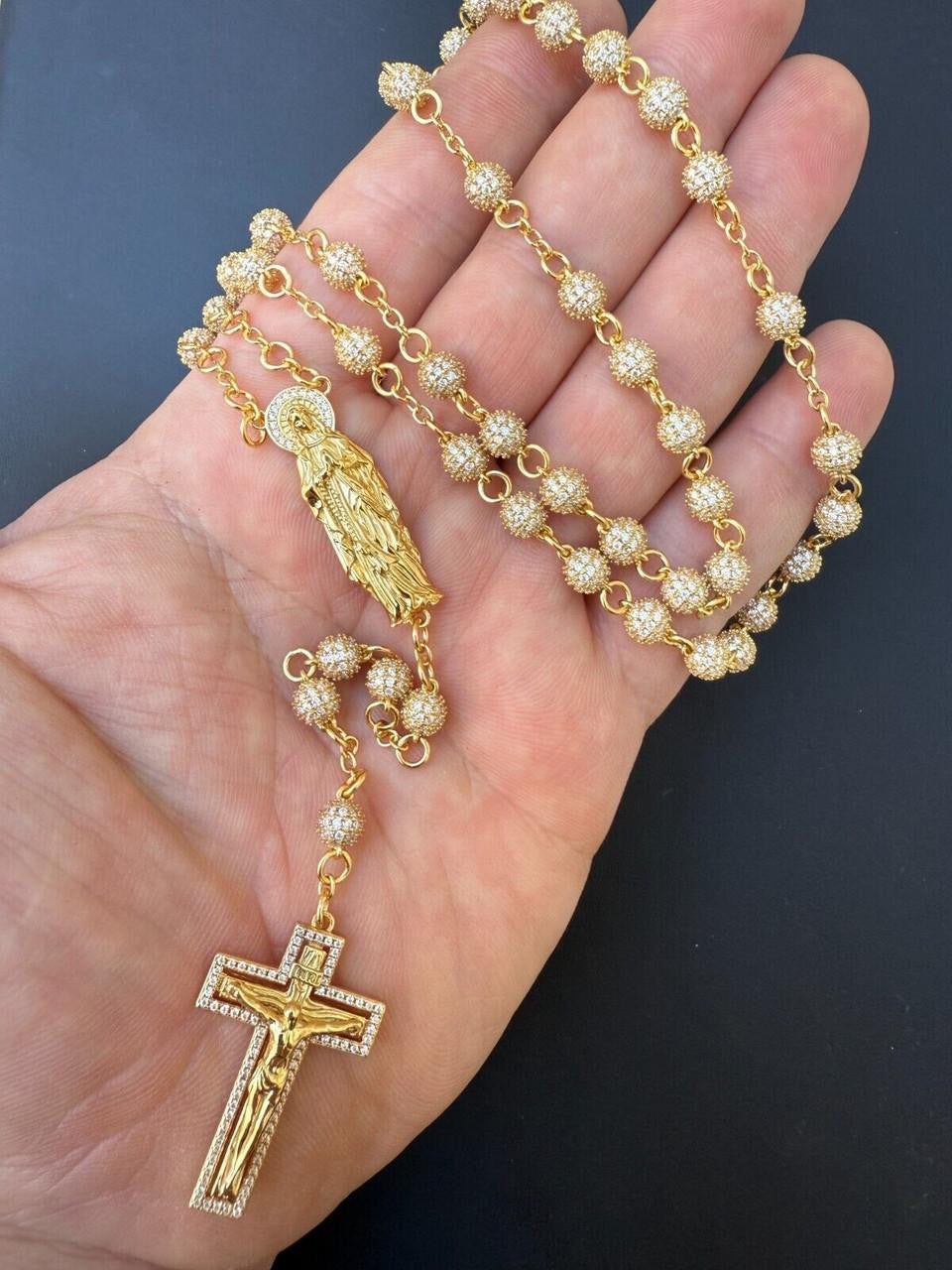 MOISSANITE Sinaloa Cartel Fully Iced Out Rosary Beads Necklace - 14k Gold Vermeil 925 Silver - 6mm - 30"