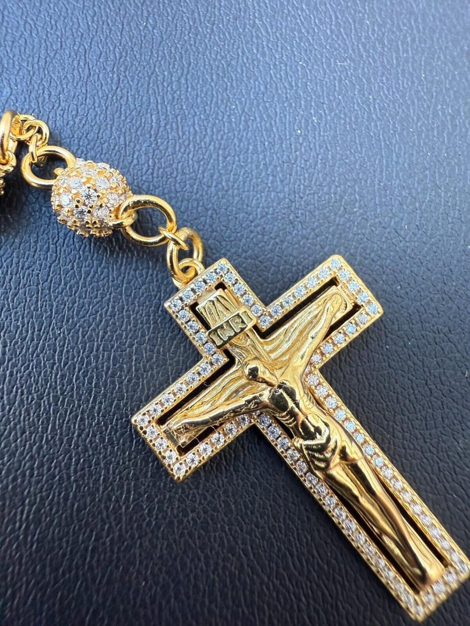 MOISSANITE Sinaloa Cartel Fully Iced Out Rosary Beads Necklace - 14k Gold Vermeil 925 Silver - 6mm - 30"