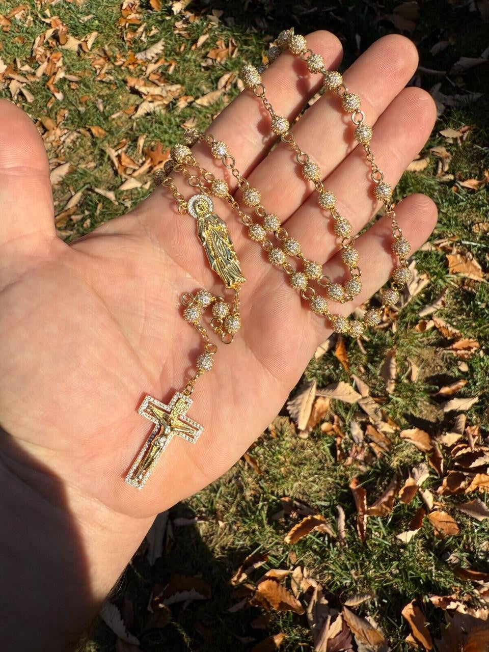 MOISSANITE Sinaloa Cartel Fully Iced Out Rosary Beads Necklace - 14k Gold Vermeil 925 Silver - 6mm - 30"