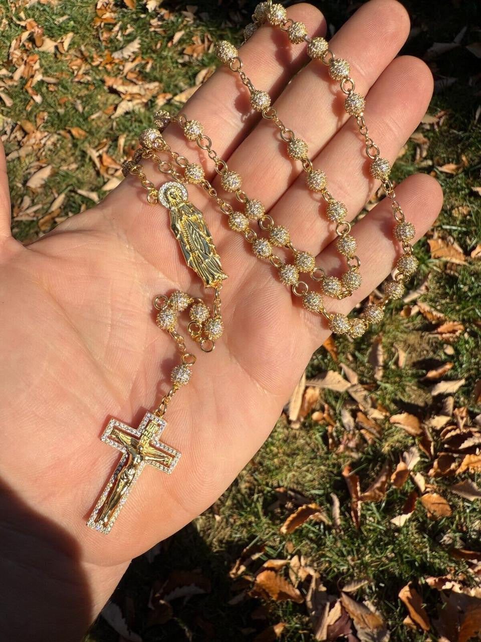 MOISSANITE Sinaloa Cartel Fully Iced Out Rosary Beads Necklace - 14k Gold Vermeil 925 Silver - 6mm - 30"