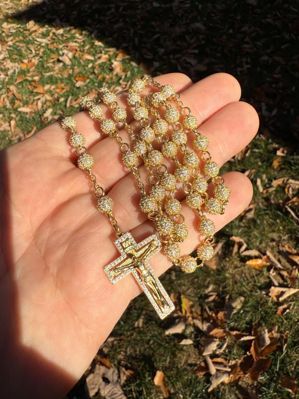 MOISSANITE Sinaloa Cartel Fully Iced Out Rosary Beads Necklace - 14k Gold Vermeil 925 Silver - 6mm - 30"