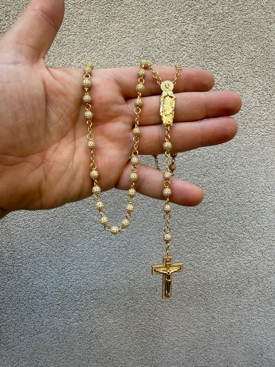 MOISSANITE Sinaloa Cartel Fully Iced Out Rosary Beads Necklace - 14k Gold Vermeil 925 Silver - 6mm - 30"