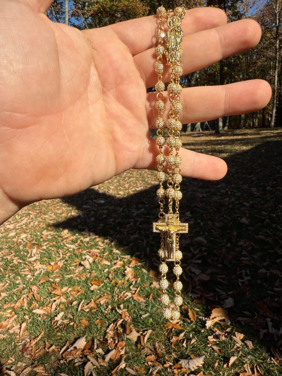 MOISSANITE Sinaloa Cartel Fully Iced Out Rosary Beads Necklace - 14k Gold Vermeil 925 Silver - 6mm - 30"
