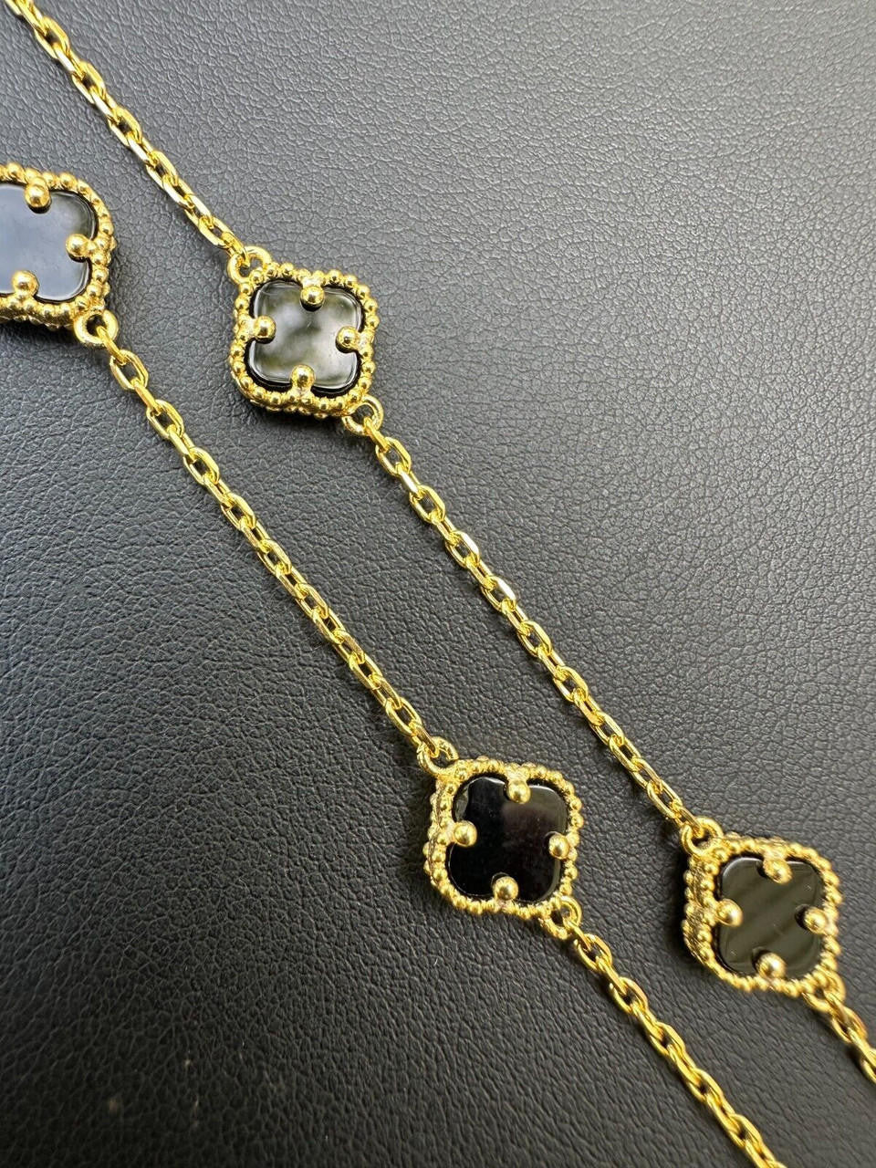 Cleef Clover Link Chain Necklace Or Bracelet Natural Black Onyx Motifs - 14k Gold Vermeil 925 Sterling Silver - 5.5"-24"