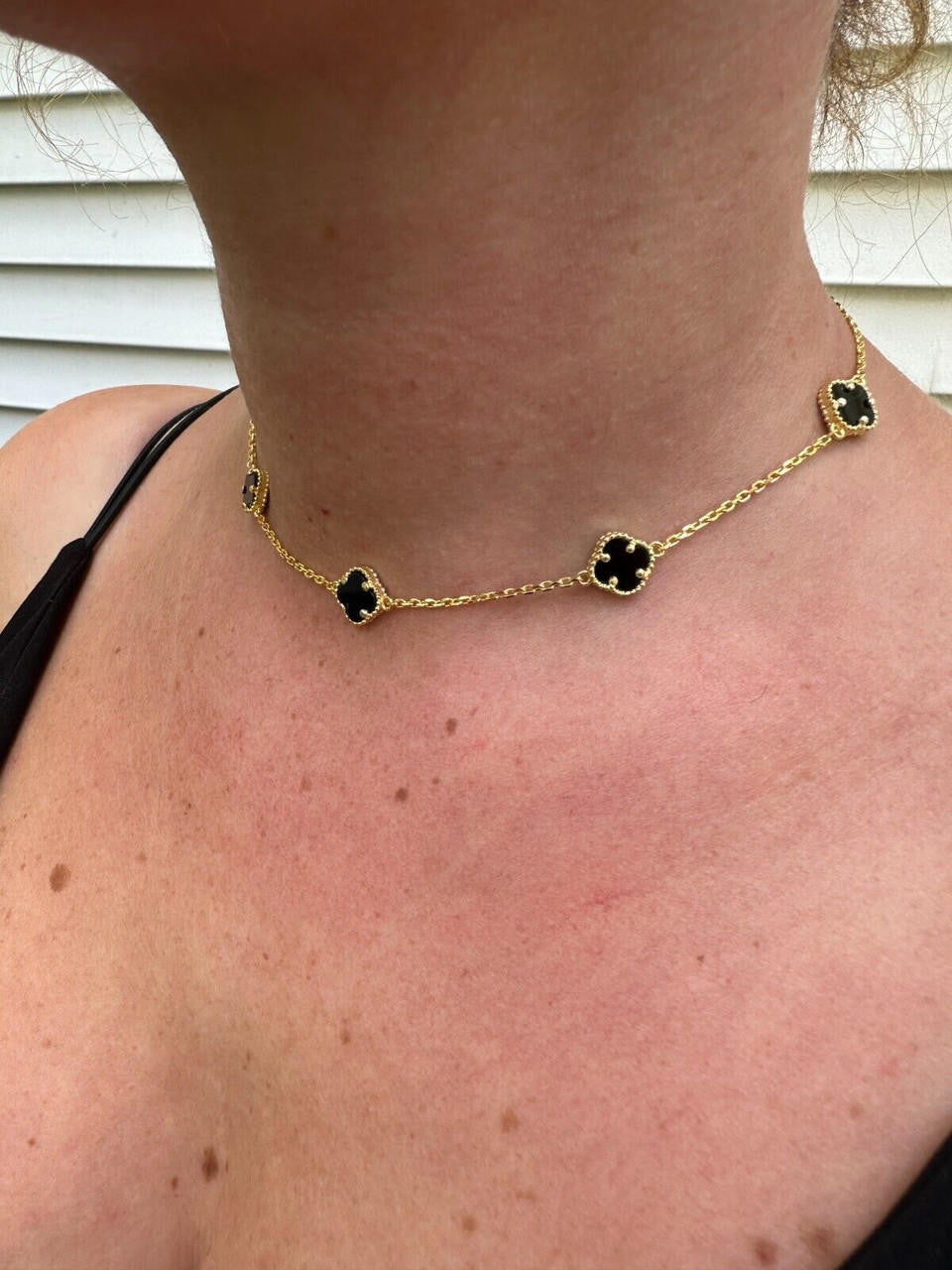 Cleef Clover Link Chain Necklace Or Bracelet Natural Black Onyx Motifs - 14k Gold Vermeil 925 Sterling Silver - 5.5"-24"