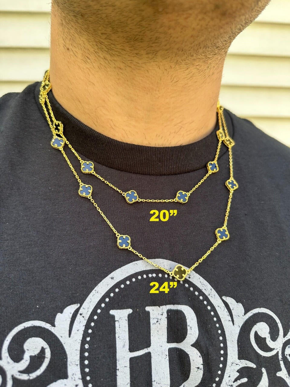 Cleef Clover Link Chain Necklace Or Bracelet Natural Black Onyx Motifs - 14k Gold Vermeil 925 Sterling Silver - 5.5"-24"