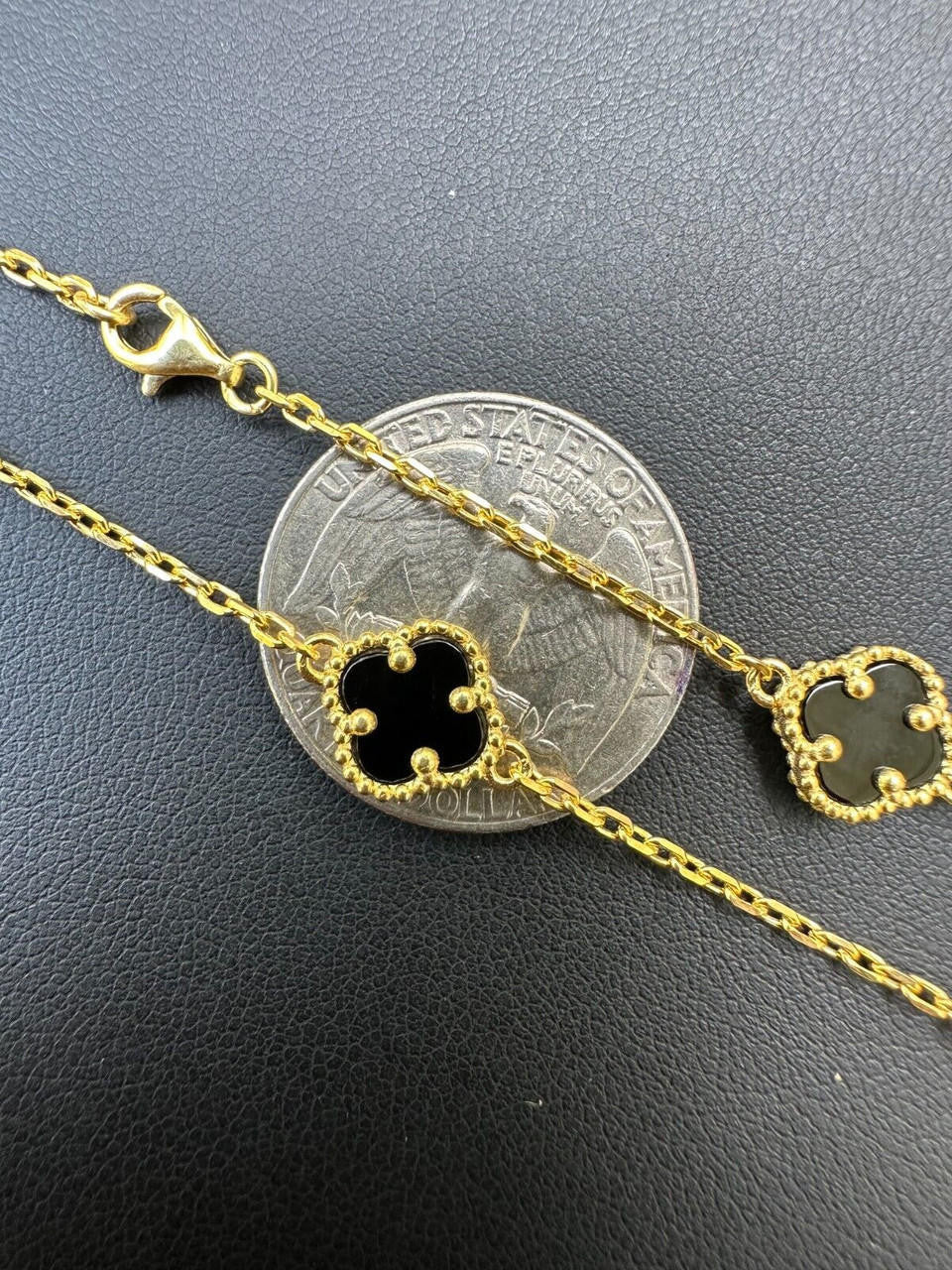 Cleef Clover Link Chain Necklace Or Bracelet Natural Black Onyx Motifs - 14k Gold Vermeil 925 Sterling Silver - 5.5"-24"