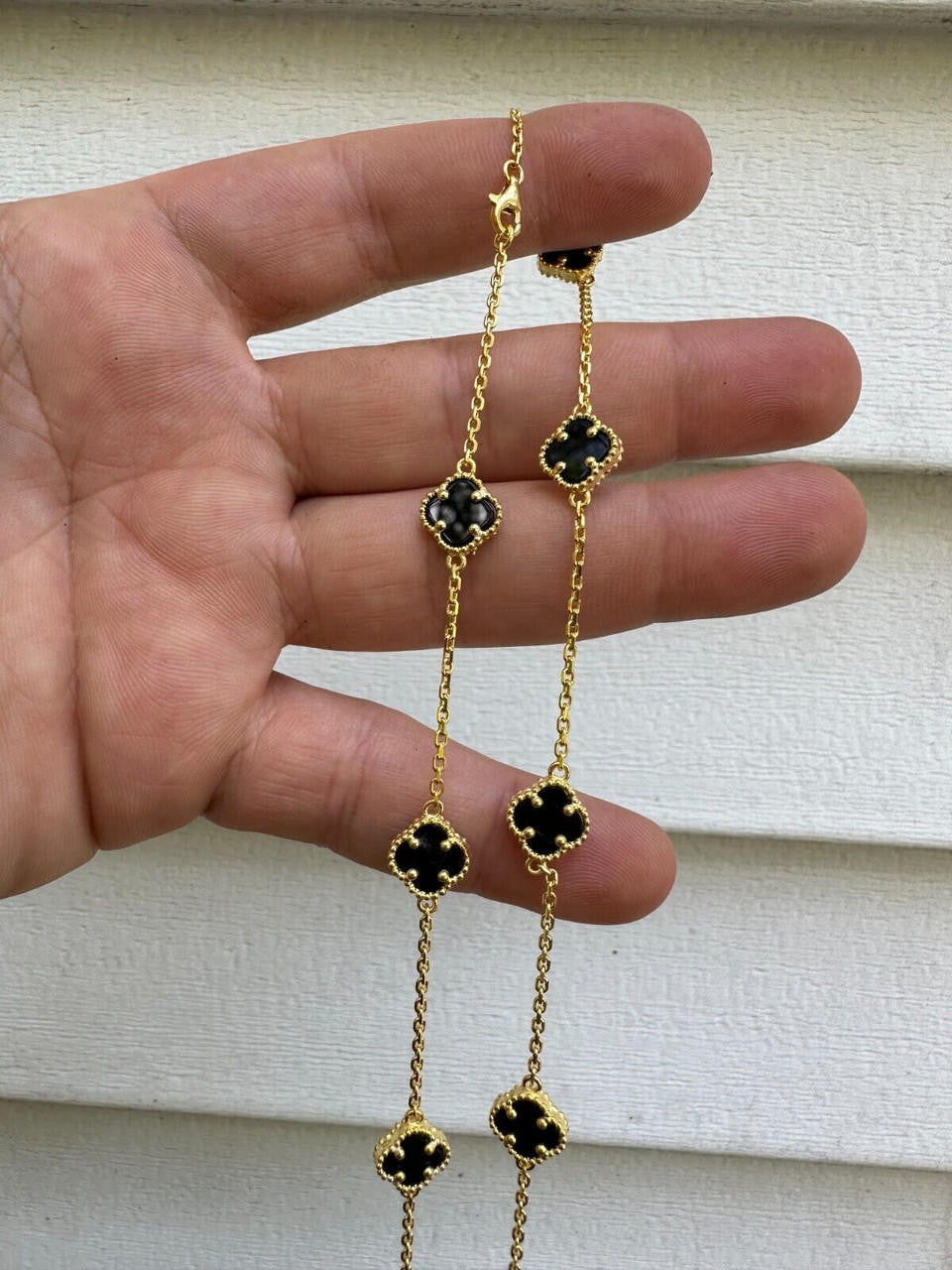 Cleef Clover Link Chain Necklace Or Bracelet Natural Black Onyx Motifs - 14k Gold Vermeil 925 Sterling Silver - 5.5"-24"