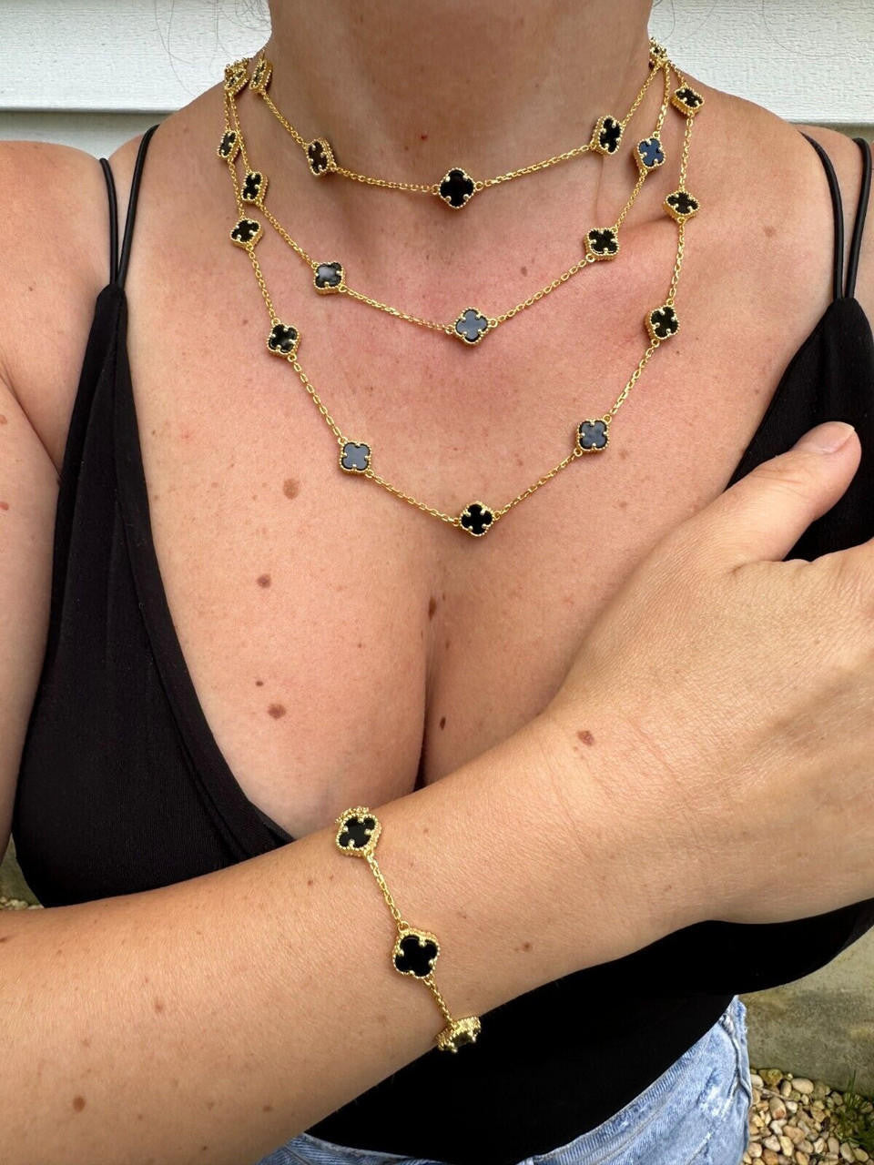 Cleef Clover Link Chain Necklace Or Bracelet Natural Black Onyx Motifs - 14k Gold Vermeil 925 Sterling Silver - 5.5"-24"