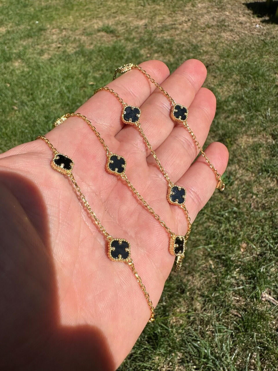 Cleef Clover Link Chain Necklace Or Bracelet Natural Black Onyx Motifs - 14k Gold Vermeil 925 Sterling Silver - 5.5"-24"
