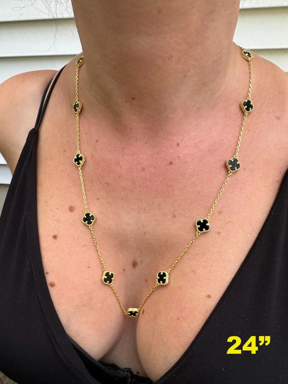 Cleef Clover Link Chain Necklace Or Bracelet Natural Black Onyx Motifs - 14k Gold Vermeil 925 Sterling Silver - 5.5"-24"