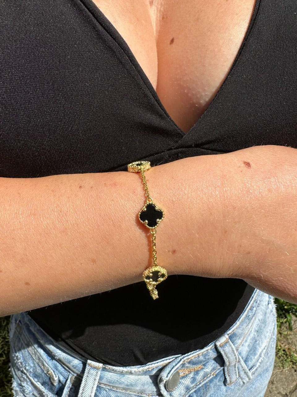 Cleef Clover Link Chain Necklace Or Bracelet Natural Black Onyx Motifs - 14k Gold Vermeil 925 Sterling Silver - 5.5"-24"