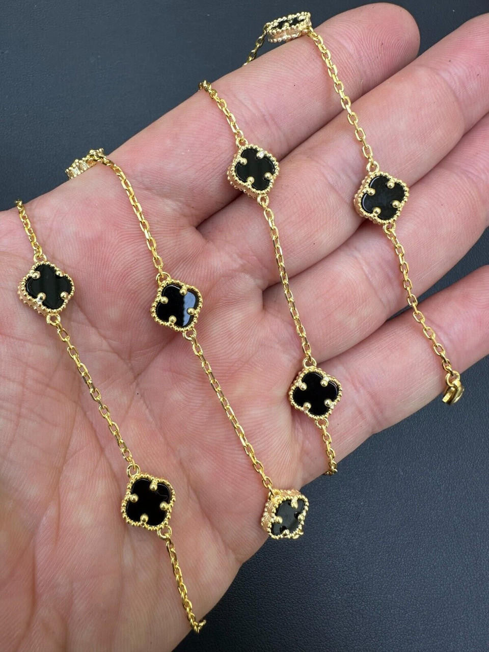 Cleef Clover Link Chain Necklace Or Bracelet Natural Black Onyx Motifs - 14k Gold Vermeil 925 Sterling Silver - 5.5"-24"