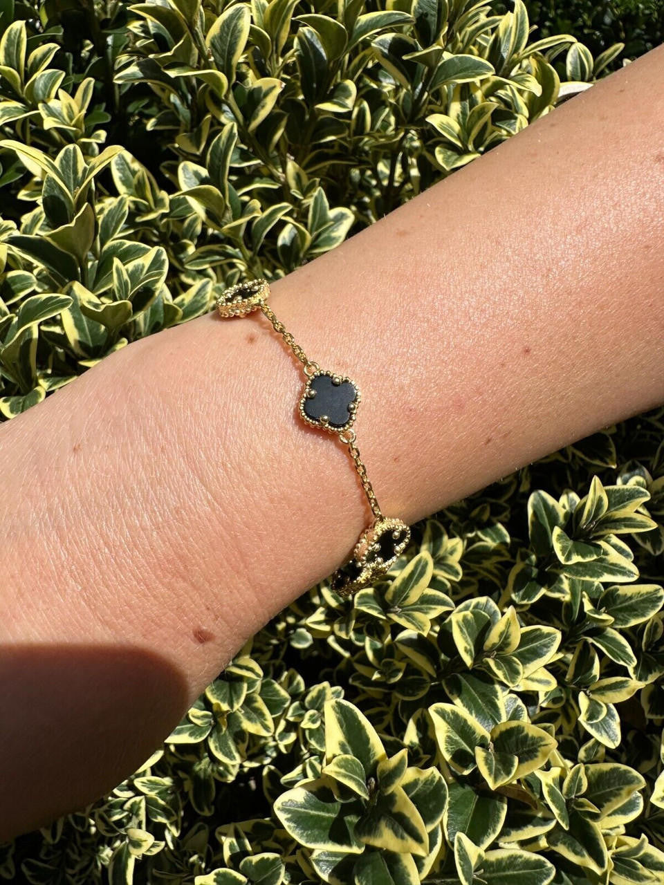 Cleef Clover Link Chain Necklace Or Bracelet Natural Black Onyx Motifs - 14k Gold Vermeil 925 Sterling Silver - 5.5"-24"