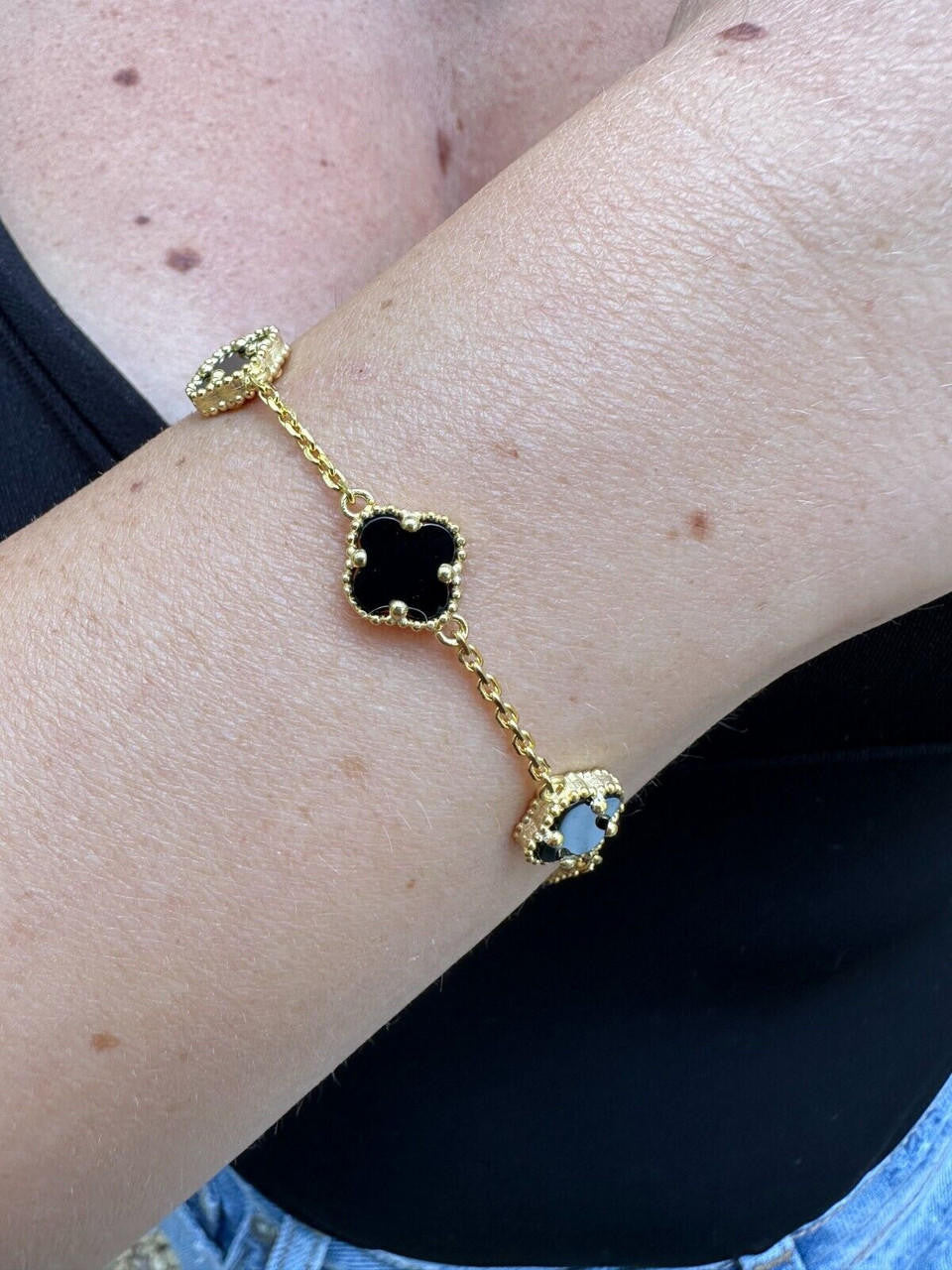 Cleef Clover Link Chain Necklace Or Bracelet Natural Black Onyx Motifs - 14k Gold Vermeil 925 Sterling Silver - 5.5"-24"