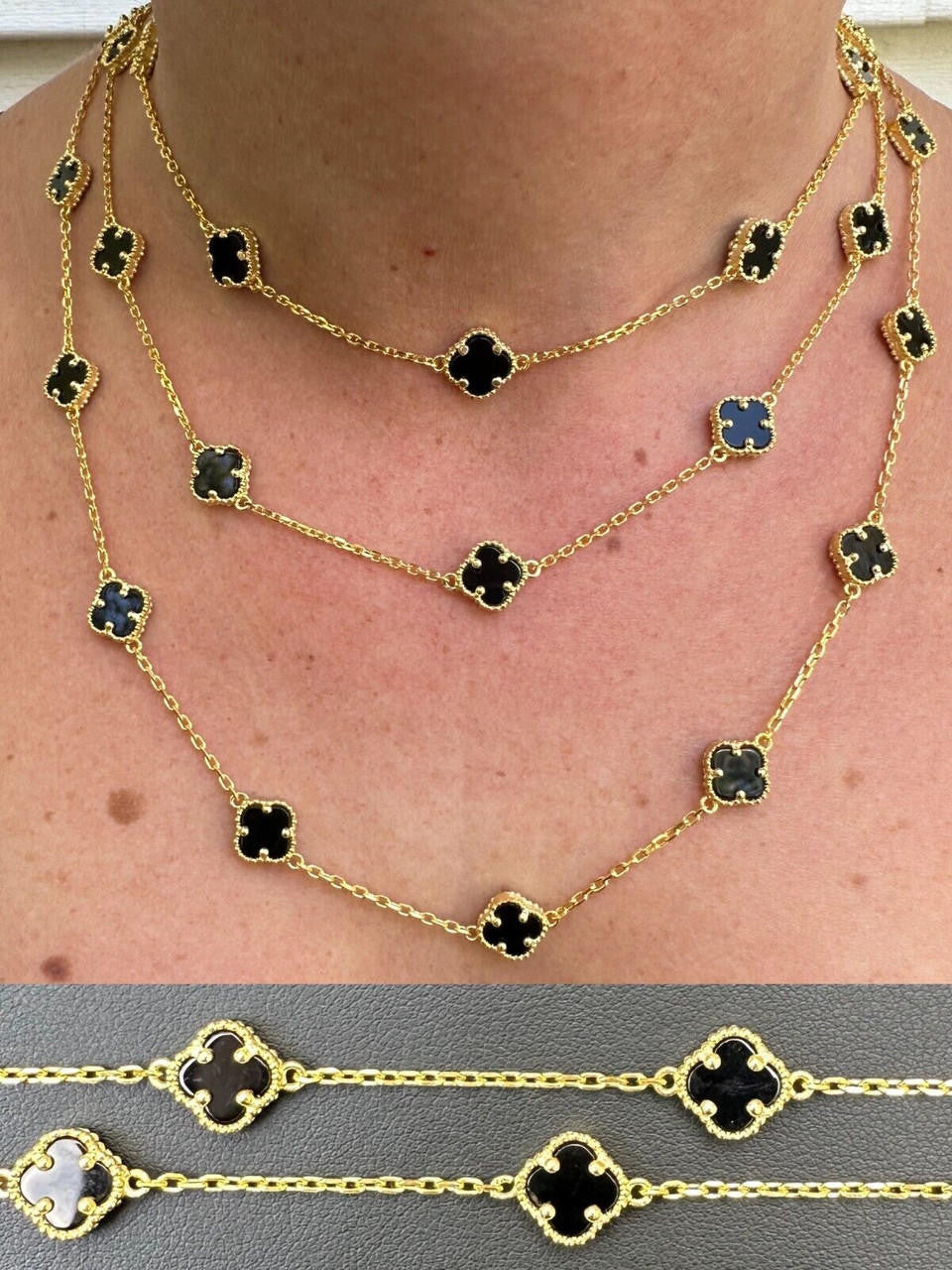 Cleef Clover Link Chain Necklace Or Bracelet Natural Black Onyx Motifs - 14k Gold Vermeil 925 Sterling Silver - 5.5"-24"