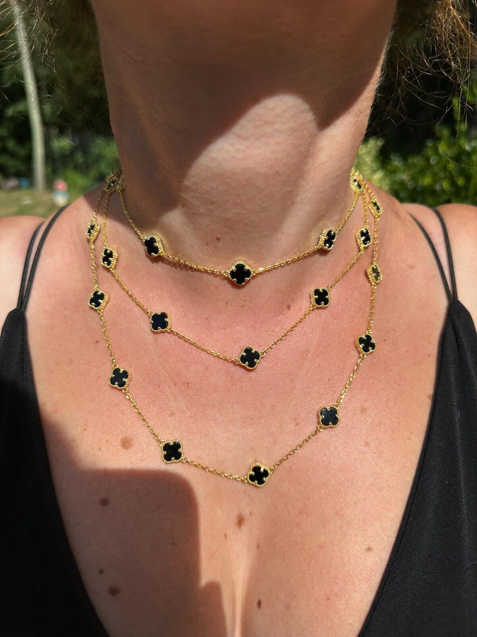 Cleef Clover Link Chain Necklace Or Bracelet Natural Black Onyx Motifs - 14k Gold Vermeil 925 Sterling Silver - 5.5"-24"