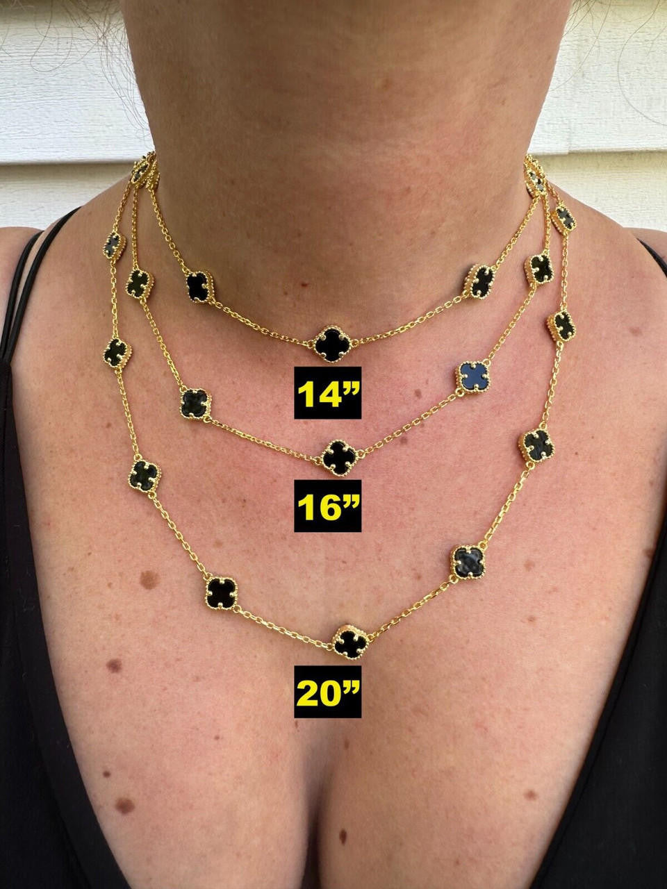 Cleef Clover Link Chain Necklace Or Bracelet Natural Black Onyx Motifs - 14k Gold Vermeil 925 Sterling Silver - 5.5"-24"