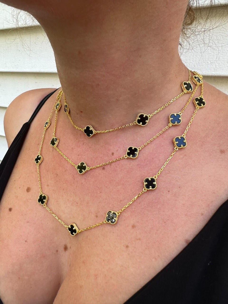 Cleef Clover Link Chain Necklace Or Bracelet Natural Black Onyx Motifs - 14k Gold Vermeil 925 Sterling Silver - 5.5"-24"