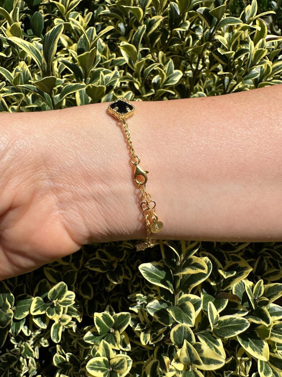 Cleef Clover Link Chain Necklace Or Bracelet Natural Black Onyx Motifs - 14k Gold Vermeil 925 Sterling Silver - 5.5"-24"