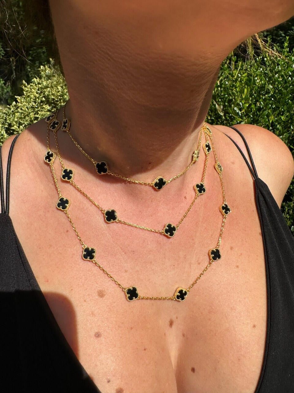 Cleef Clover Link Chain Necklace Or Bracelet Natural Black Onyx Motifs - 14k Gold Vermeil 925 Sterling Silver - 5.5"-24"
