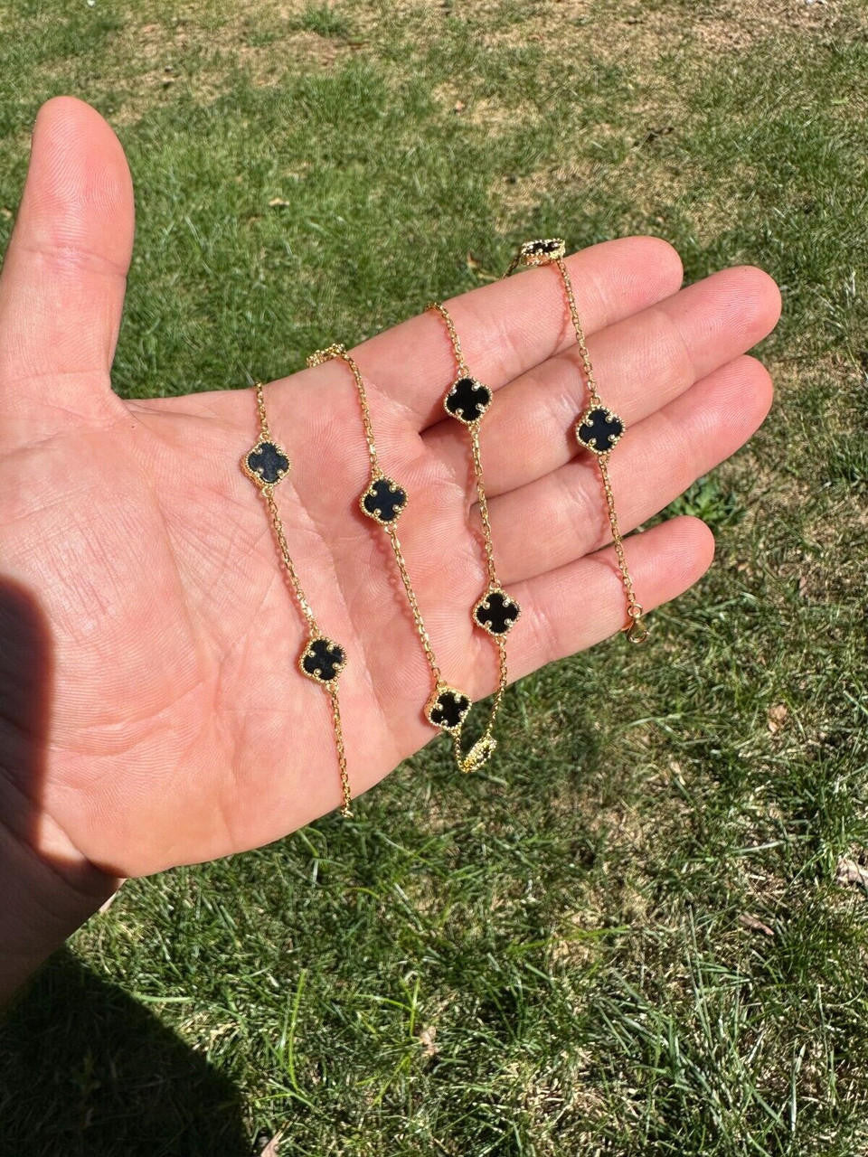 Cleef Clover Link Chain Necklace Or Bracelet Natural Black Onyx Motifs - 14k Gold Vermeil 925 Sterling Silver - 5.5"-24"