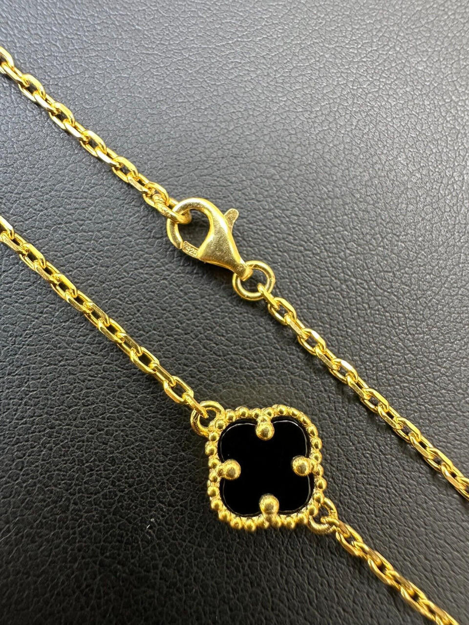 Cleef Clover Link Chain Necklace Or Bracelet Natural Black Onyx Motifs - 14k Gold Vermeil 925 Sterling Silver - 5.5"-24"