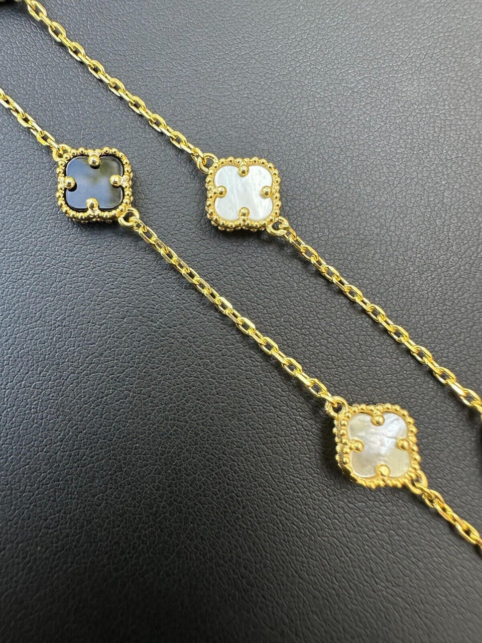 Cleef Clover Link Chain Necklace Or Bracelet Natural Black Onyx & Mother Of Pearl Motifs - 14k Gold Vermeil 925 Sterling Silver - 5.5"-24"