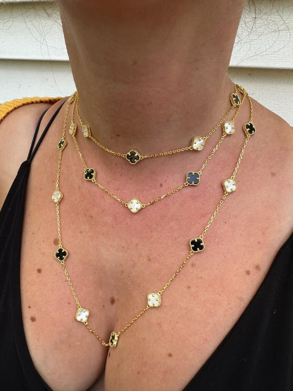 Cleef Clover Link Chain Necklace Or Bracelet Natural Black Onyx & Mother Of Pearl Motifs - 14k Gold Vermeil 925 Sterling Silver - 5.5"-24"