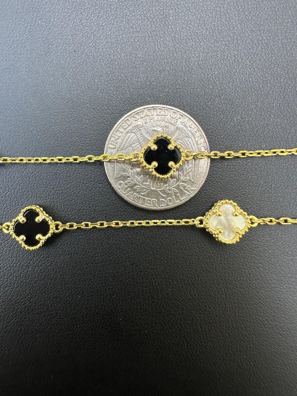 Cleef Clover Link Chain Necklace Or Bracelet Natural Black Onyx & Mother Of Pearl Motifs - 14k Gold Vermeil 925 Sterling Silver - 5.5"-24"