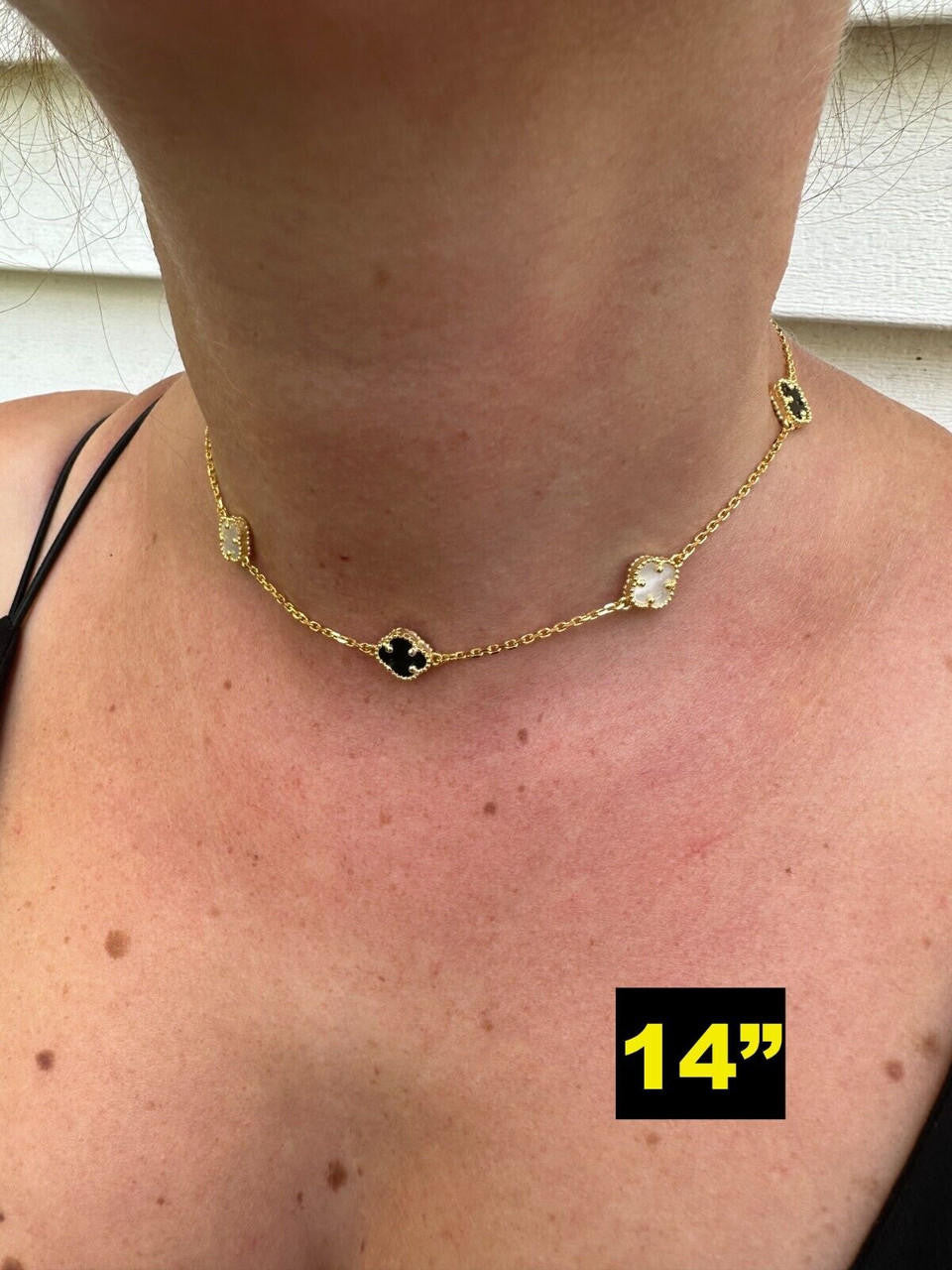 Cleef Clover Link Chain Necklace Or Bracelet Natural Black Onyx & Mother Of Pearl Motifs - 14k Gold Vermeil 925 Sterling Silver - 5.5"-24"