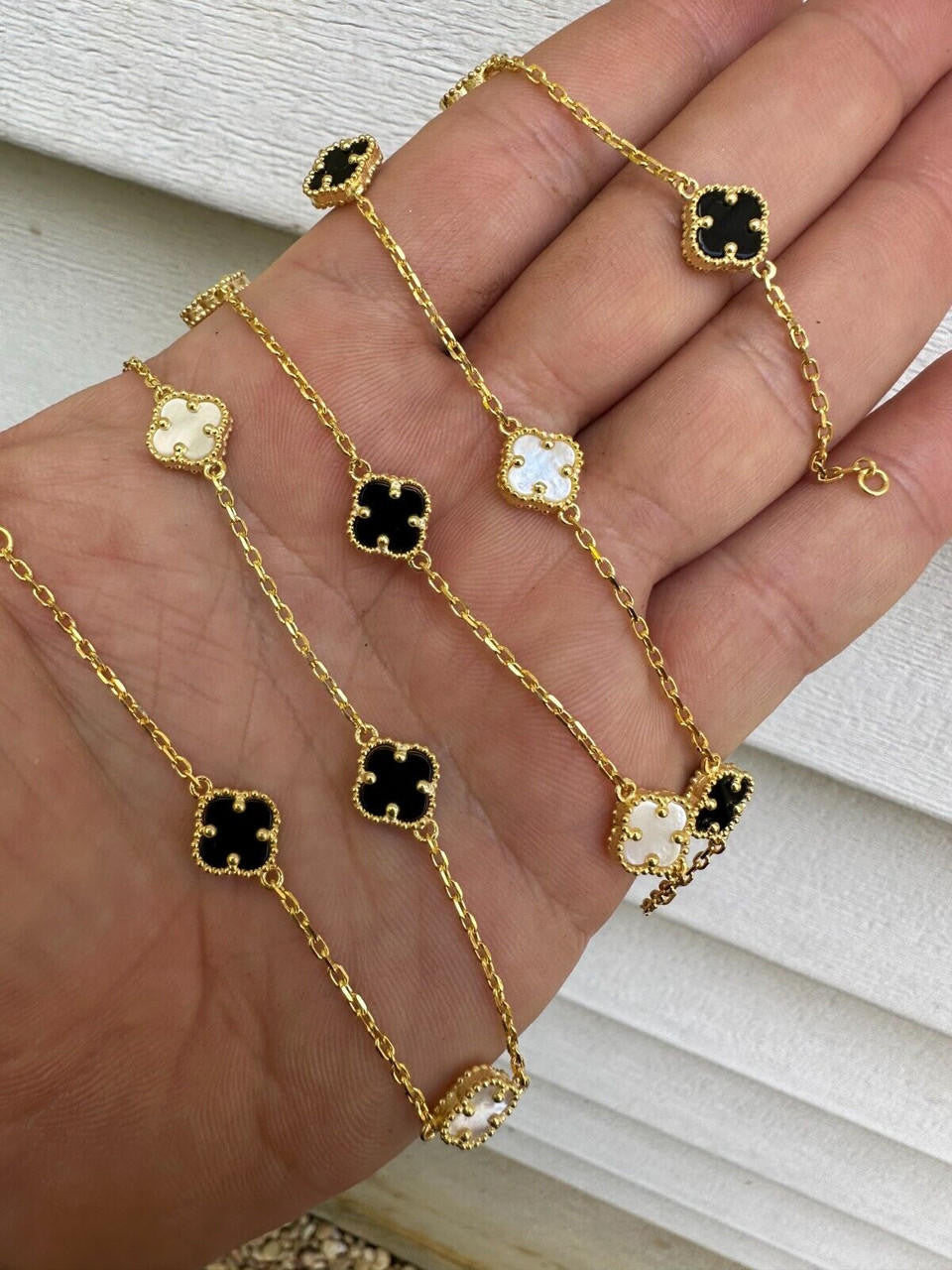 Cleef Clover Link Chain Necklace Or Bracelet Natural Black Onyx & Mother Of Pearl Motifs - 14k Gold Vermeil 925 Sterling Silver - 5.5"-24"