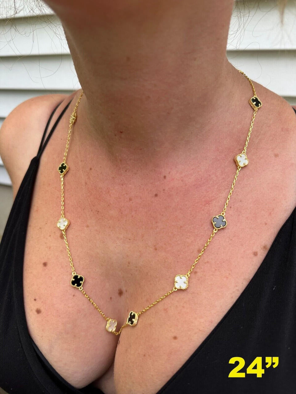 Cleef Clover Link Chain Necklace Or Bracelet Natural Black Onyx & Mother Of Pearl Motifs - 14k Gold Vermeil 925 Sterling Silver - 5.5"-24"