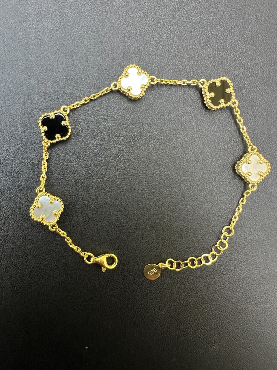 Cleef Clover Link Chain Necklace Or Bracelet Natural Black Onyx & Mother Of Pearl Motifs - 14k Gold Vermeil 925 Sterling Silver - 5.5"-24"