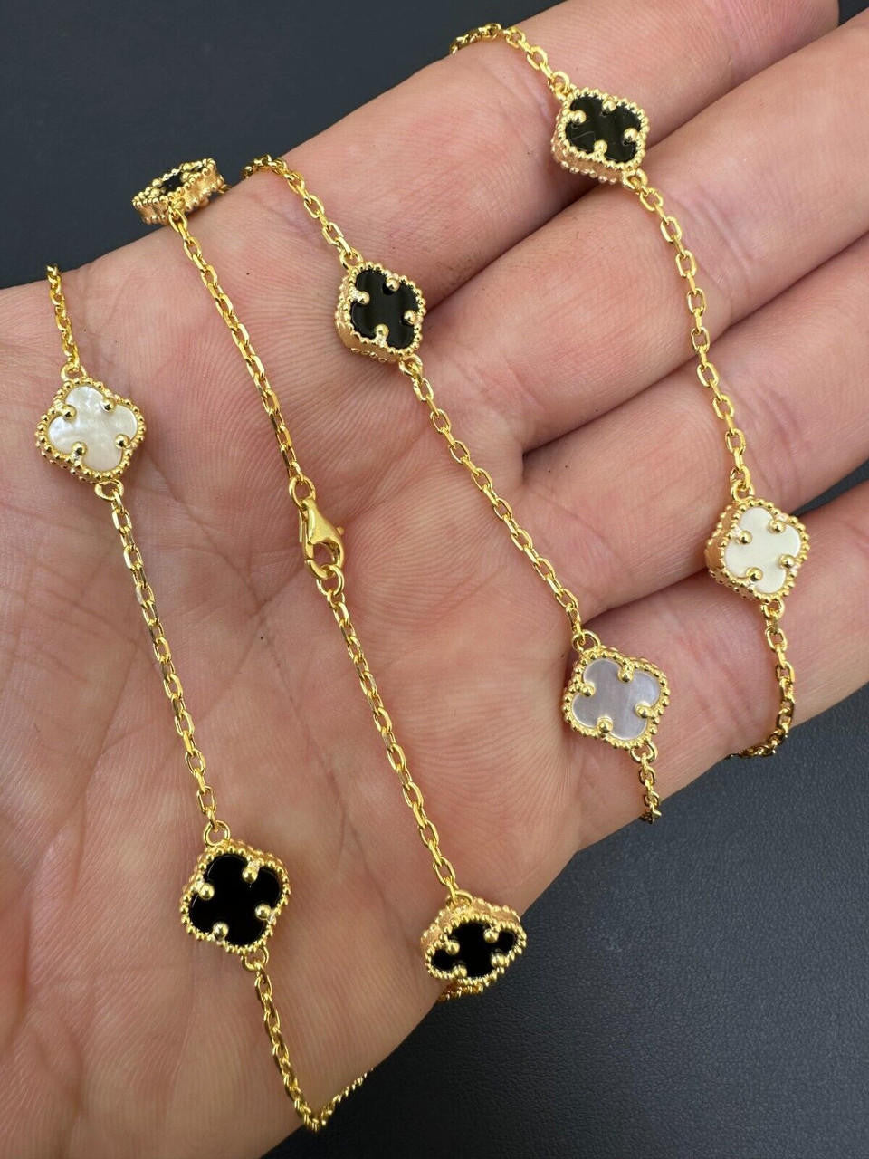 Cleef Clover Link Chain Necklace Or Bracelet Natural Black Onyx & Mother Of Pearl Motifs - 14k Gold Vermeil 925 Sterling Silver - 5.5"-24"
