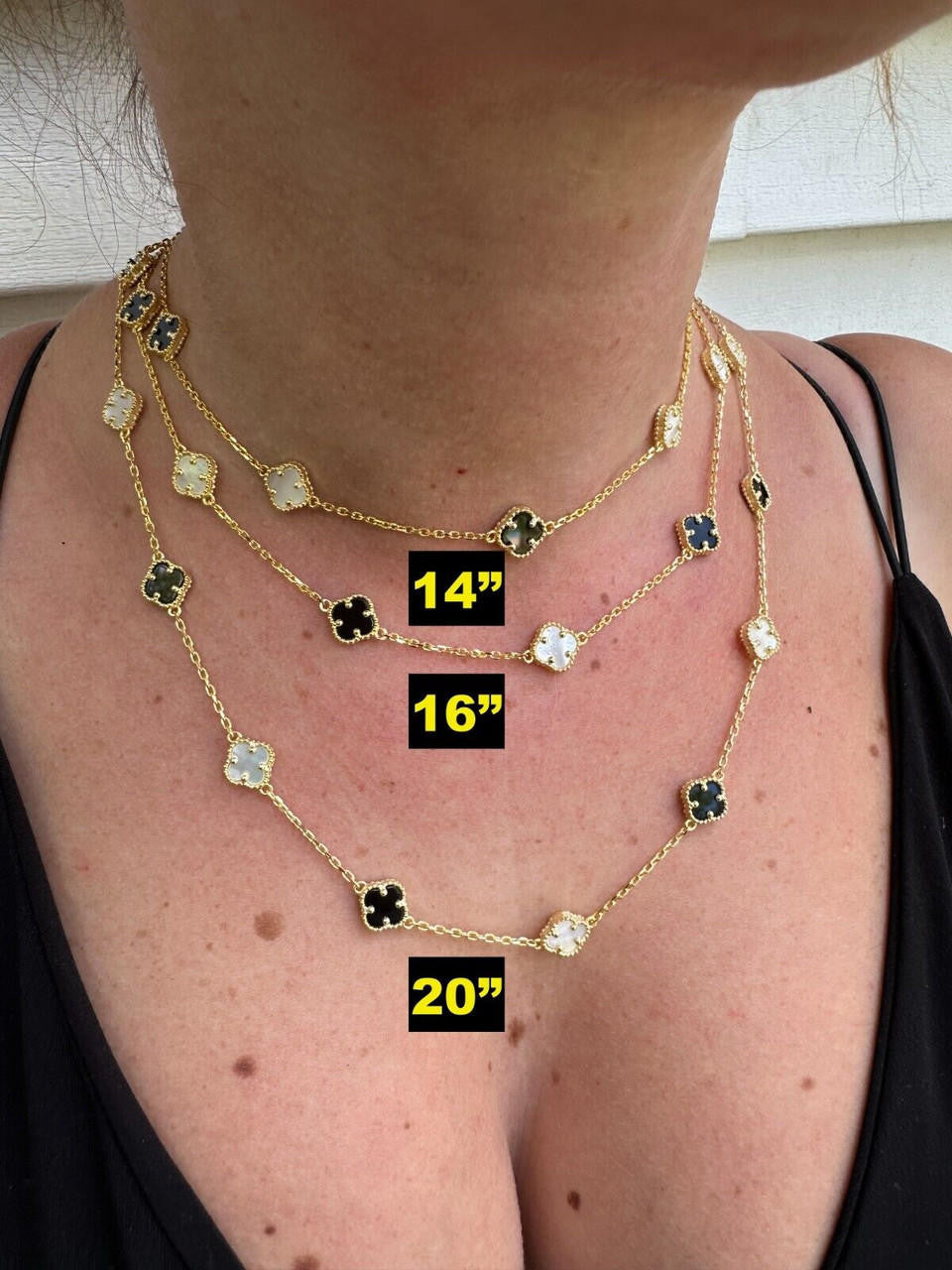Cleef Clover Link Chain Necklace Or Bracelet Natural Black Onyx & Mother Of Pearl Motifs - 14k Gold Vermeil 925 Sterling Silver - 5.5"-24"
