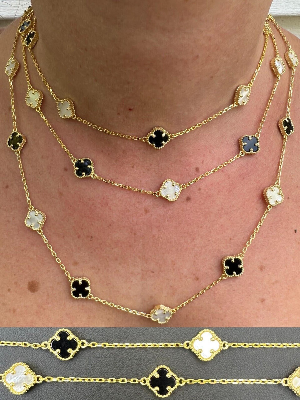 Cleef Clover Link Chain Necklace Or Bracelet Natural Black Onyx & Mother Of Pearl Motifs - 14k Gold Vermeil 925 Sterling Silver - 5.5"-24"