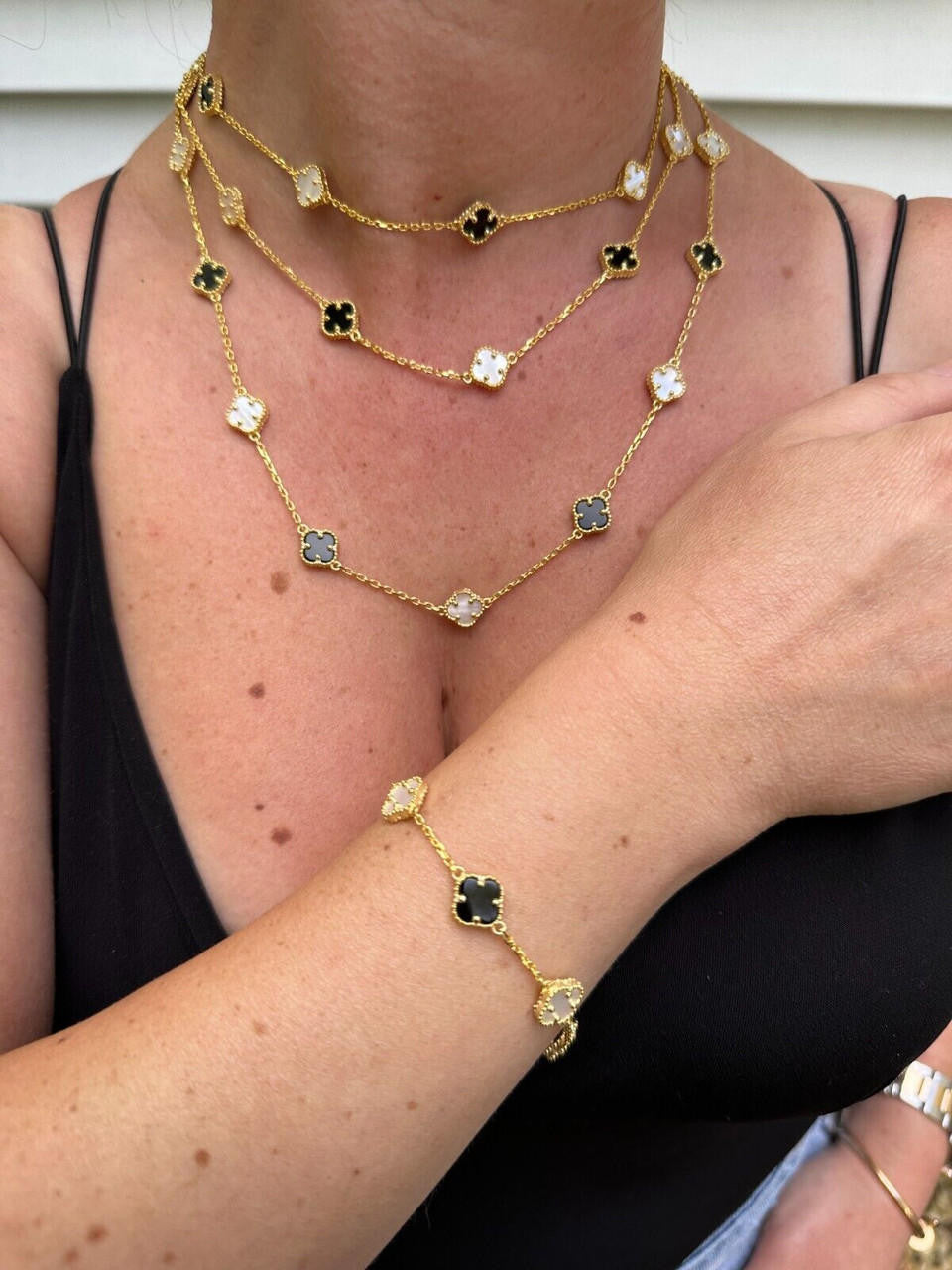 Cleef Clover Link Chain Necklace Or Bracelet Natural Black Onyx & Mother Of Pearl Motifs - 14k Gold Vermeil 925 Sterling Silver - 5.5"-24"