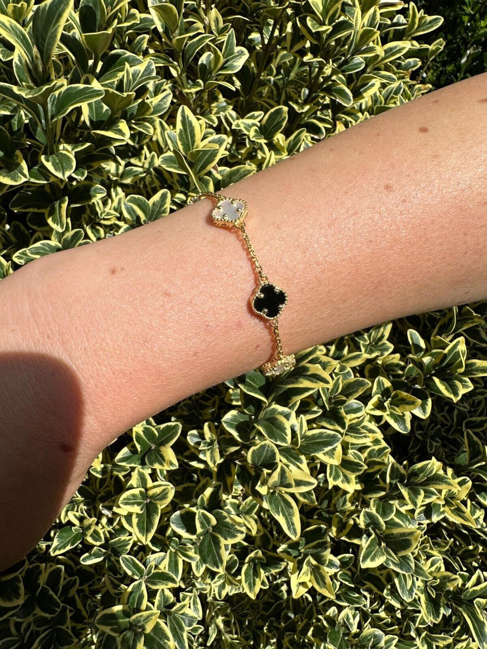Cleef Clover Link Chain Necklace Or Bracelet Natural Black Onyx & Mother Of Pearl Motifs - 14k Gold Vermeil 925 Sterling Silver - 5.5"-24"