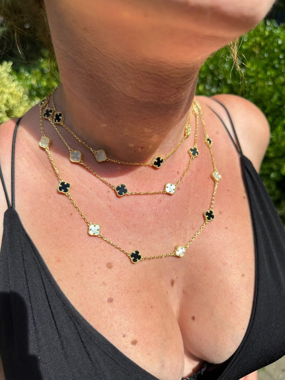 Cleef Clover Link Chain Necklace Or Bracelet Natural Black Onyx & Mother Of Pearl Motifs - 14k Gold Vermeil 925 Sterling Silver - 5.5"-24"