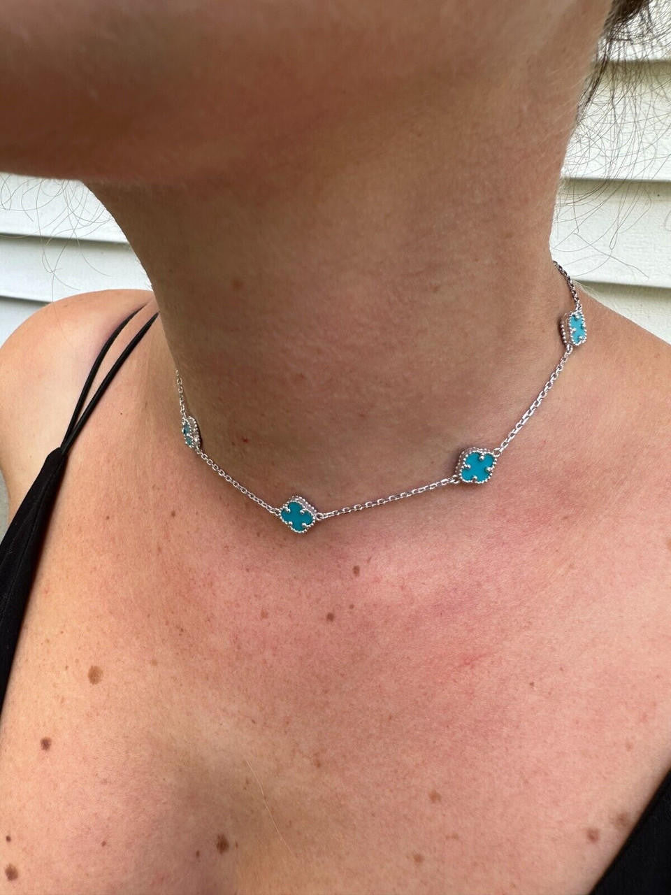 Cleef Clover Link Chain Necklace Or Bracelet Natural Blue Turquoise Motifs - 925 Sterling Silver - 5.5"-24"