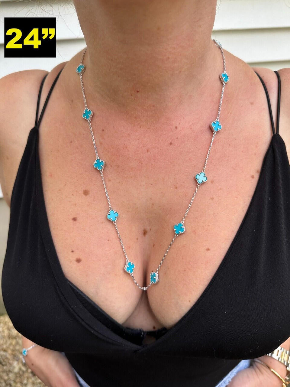 Cleef Clover Link Chain Necklace Or Bracelet Natural Blue Turquoise Motifs - 925 Sterling Silver - 5.5"-24"