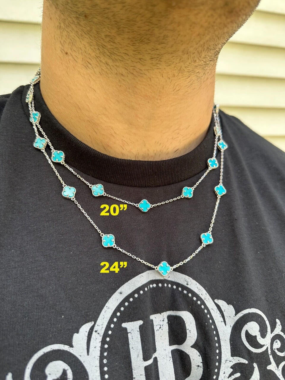 Cleef Clover Link Chain Necklace Or Bracelet Natural Blue Turquoise Motifs - 925 Sterling Silver - 5.5"-24"