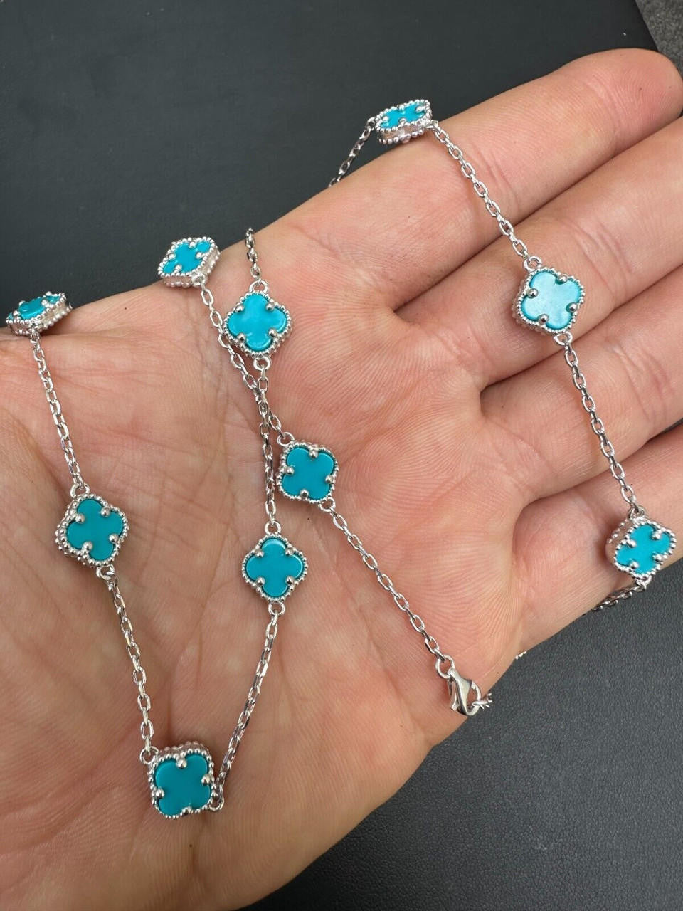 Cleef Clover Link Chain Necklace Or Bracelet Natural Blue Turquoise Motifs - 925 Sterling Silver - 5.5"-24"