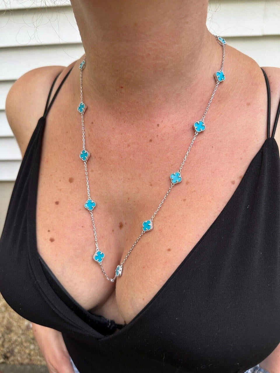 Cleef Clover Link Chain Necklace Or Bracelet Natural Blue Turquoise Motifs - 925 Sterling Silver - 5.5"-24"
