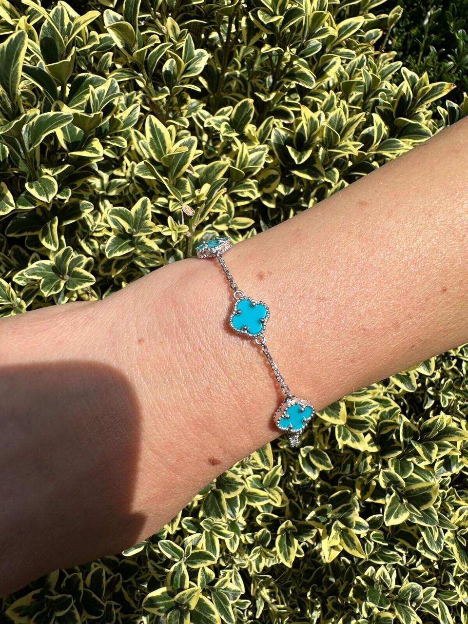 Cleef Clover Link Chain Necklace Or Bracelet Natural Blue Turquoise Motifs - 925 Sterling Silver - 5.5"-24"
