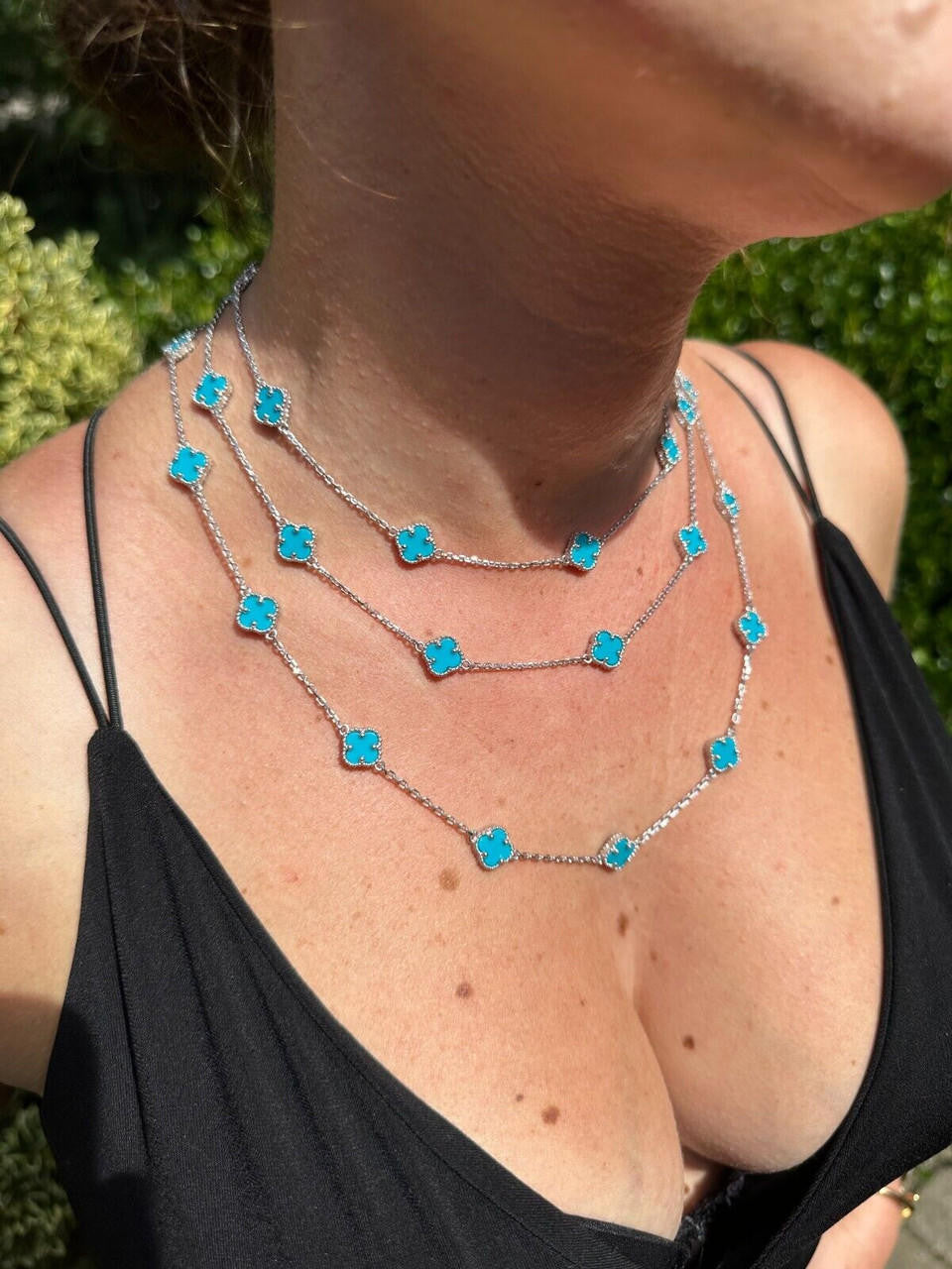 Cleef Clover Link Chain Necklace Or Bracelet Natural Blue Turquoise Motifs - 925 Sterling Silver - 5.5"-24"