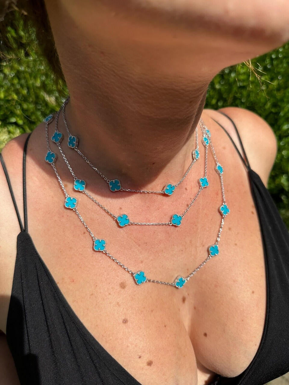 Cleef Clover Link Chain Necklace Or Bracelet Natural Blue Turquoise Motifs - 925 Sterling Silver - 5.5"-24"