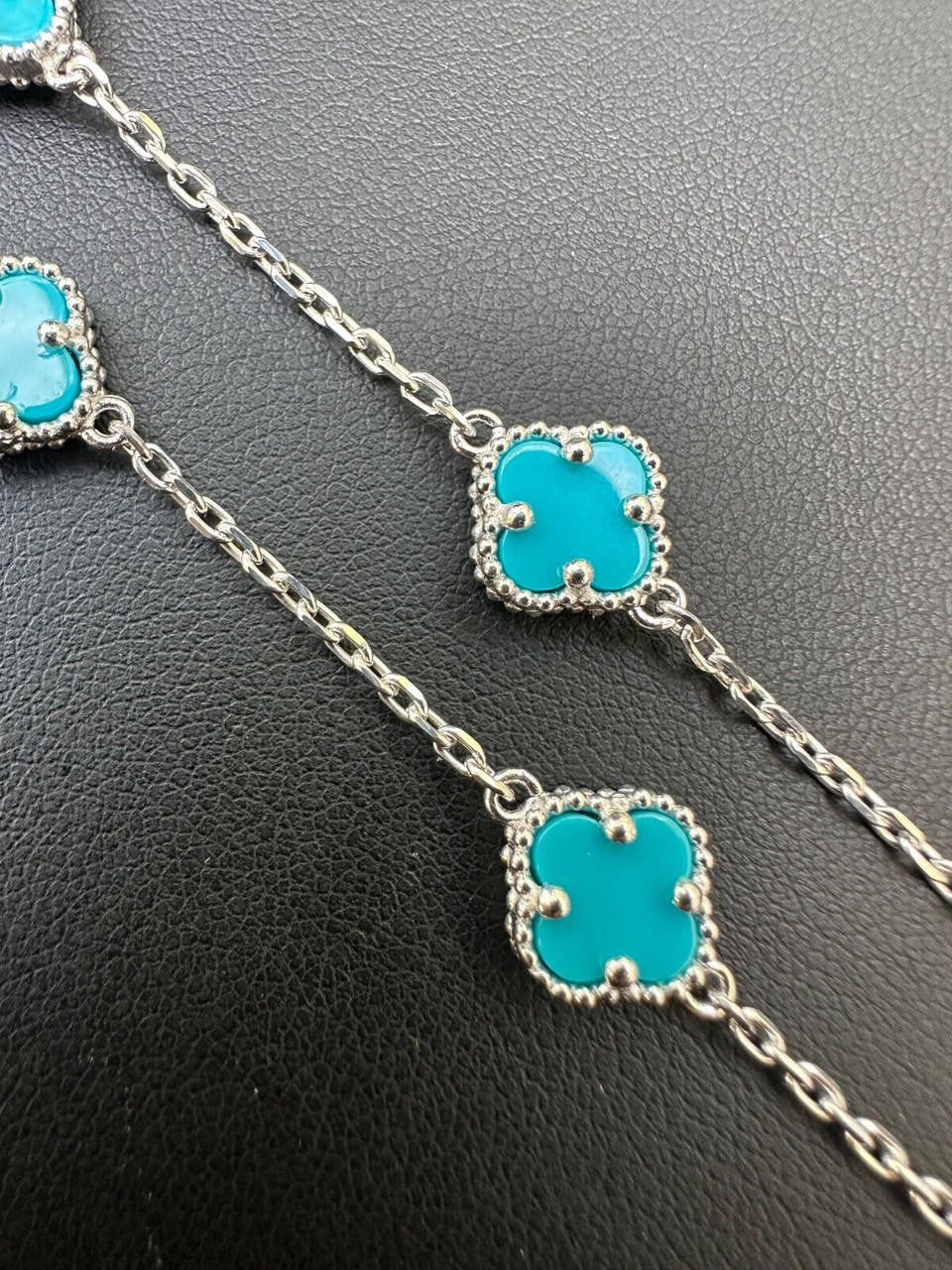 Cleef Clover Link Chain Necklace Or Bracelet Natural Blue Turquoise Motifs - 925 Sterling Silver - 5.5"-24"
