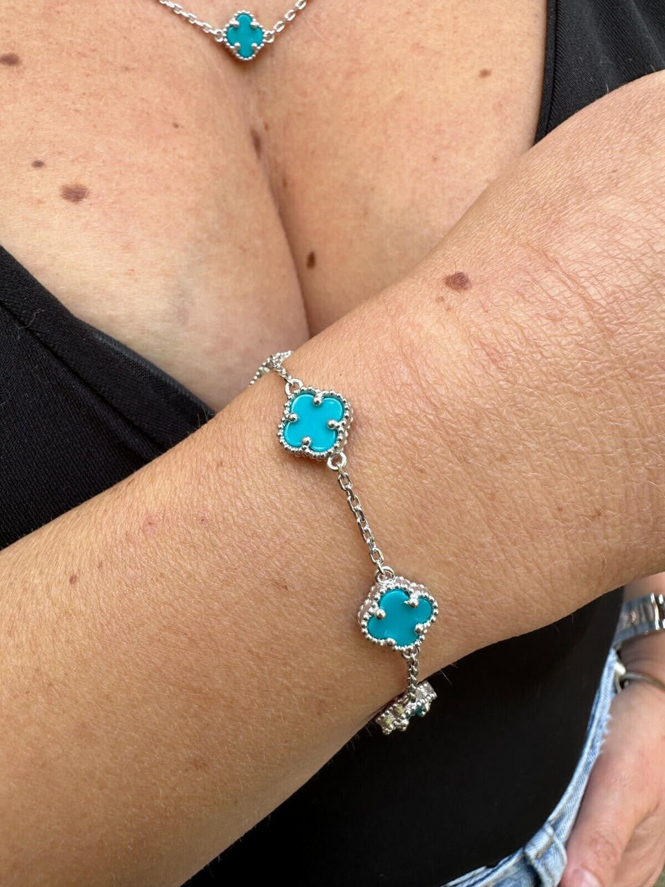 Cleef Clover Link Chain Necklace Or Bracelet Natural Blue Turquoise Motifs - 925 Sterling Silver - 5.5"-24"